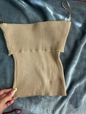 Ribbed Strapless Beige Knit Tube Top